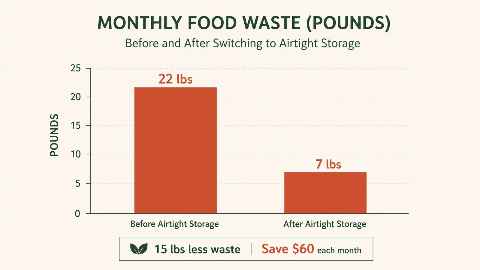 Bar chart comparing monthly food waste in pounds before and after switching to airtight storage containers