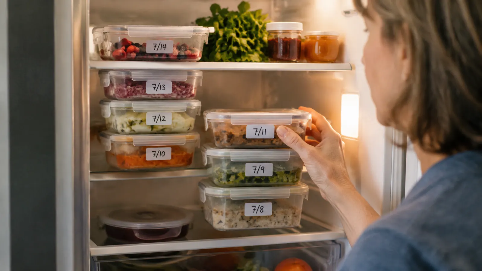 An organized refrigerator shelf with labeled airtight containers of leftovers ready to be eaten instead of thrown out