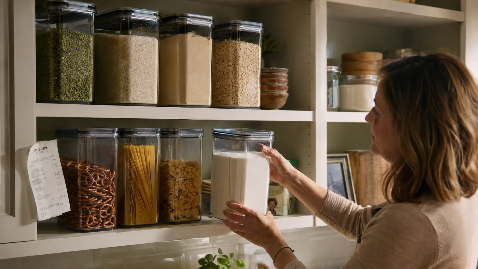 Clear airtight food storage containers filled with pantry staples like rice, flour, and pasta lined up on an open shelf