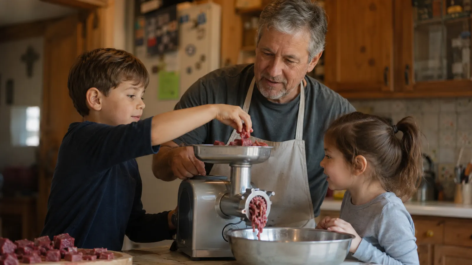 Grandkids helping load meat into the grinder hopper at a family kitchen counter