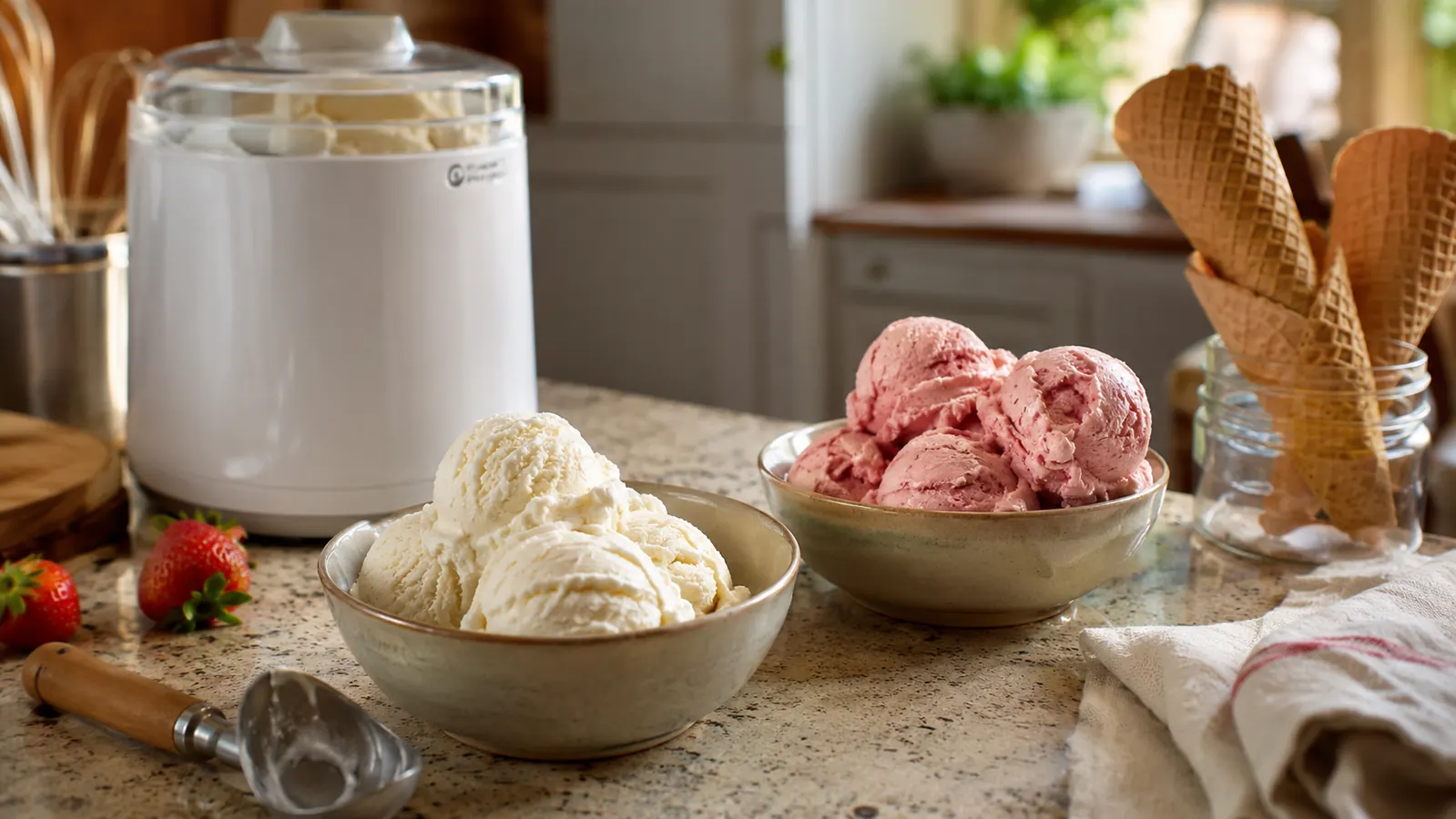 Bowls of fresh churned vanilla and strawberry ice cream on a kitchen counter next to a white Cuisinart ice cream maker