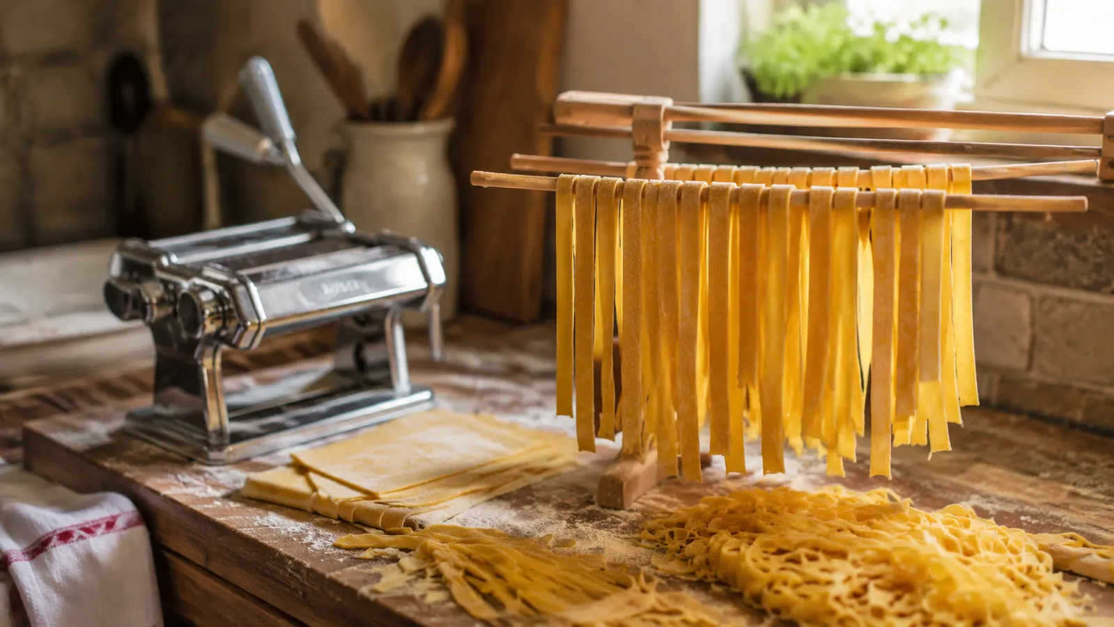 Fresh pasta sheets and cut fettuccine dusted with flour on a wooden counter next to a hand-crank pasta machine