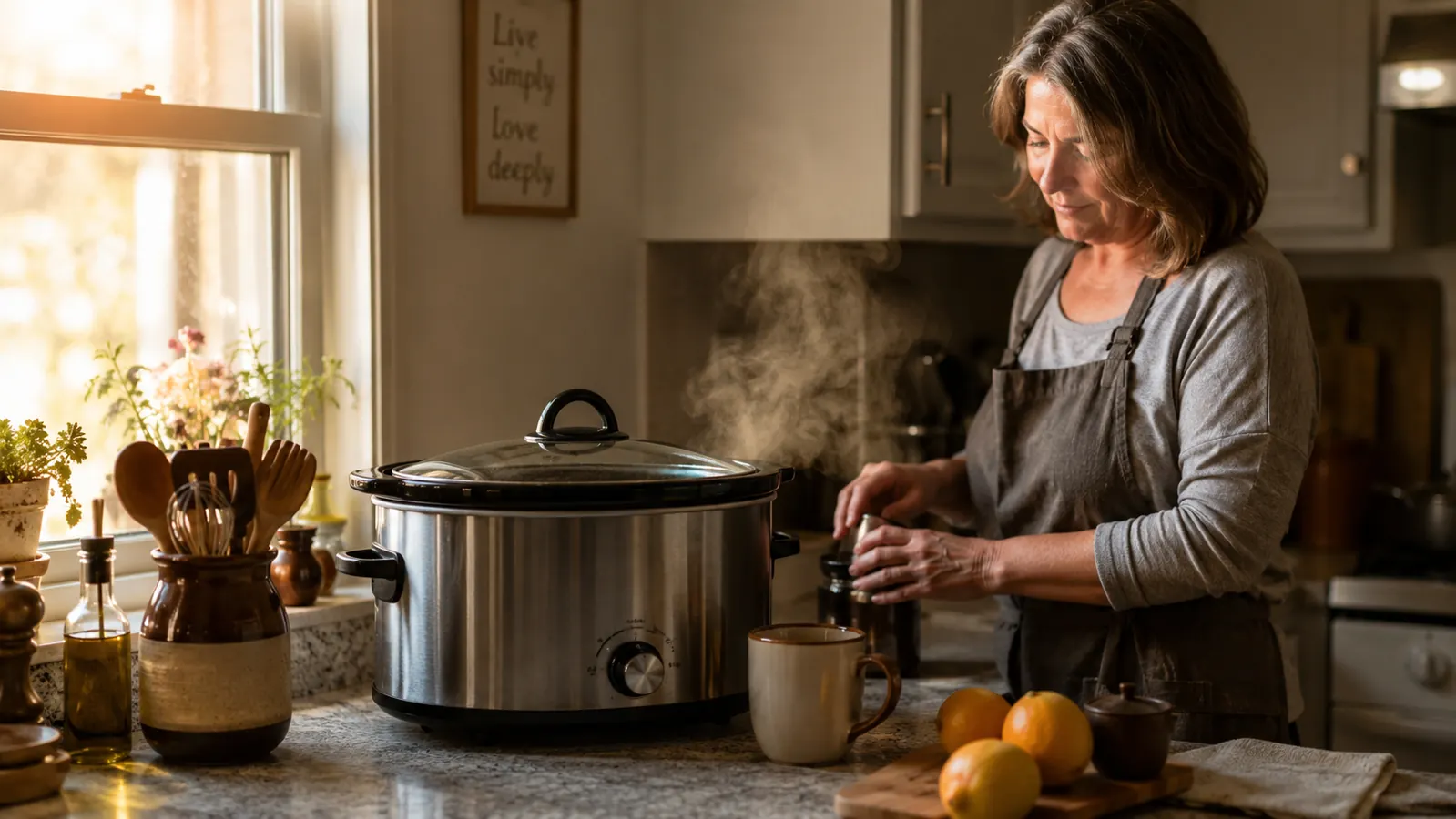 A stainless steel 7-quart slow cooker on a kitchen counter with steam rising, morning light through the window