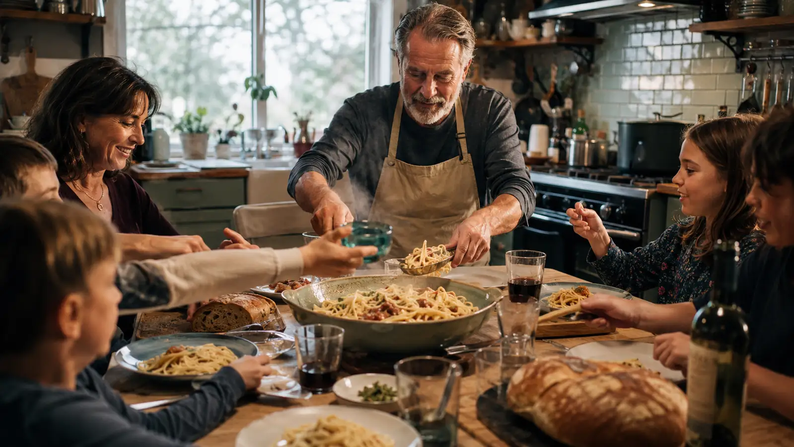 A retired cook's kitchen table set for Sunday family dinner with a bowl of fresh pasta at the center