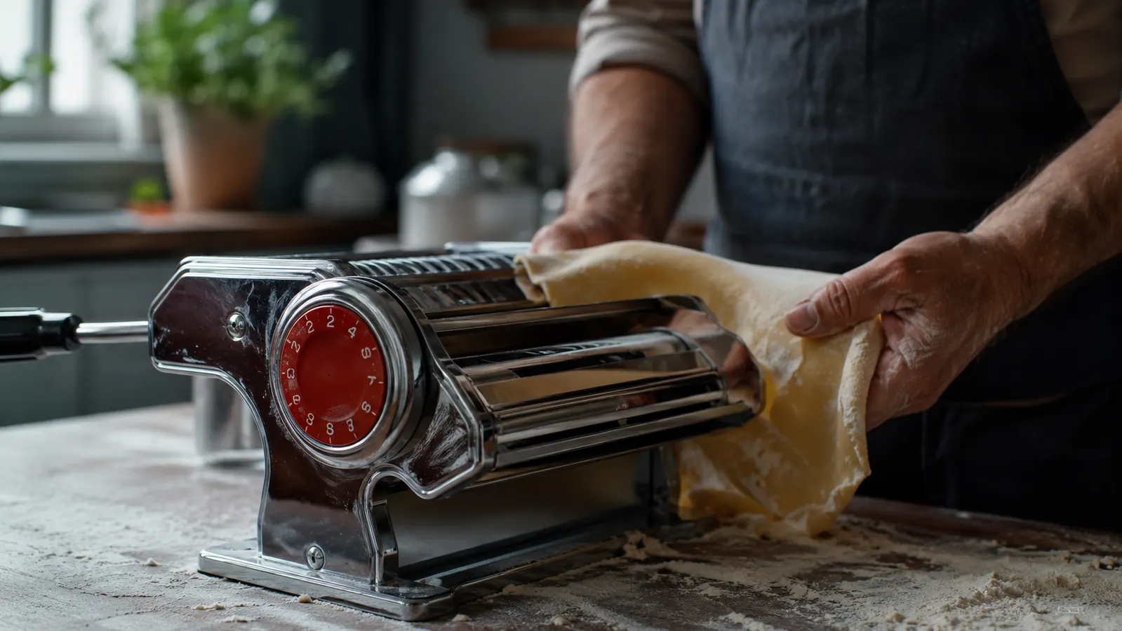 Close-up of the Marcato Atlas pasta machine's chrome rollers and red thickness dial on a kitchen counter
