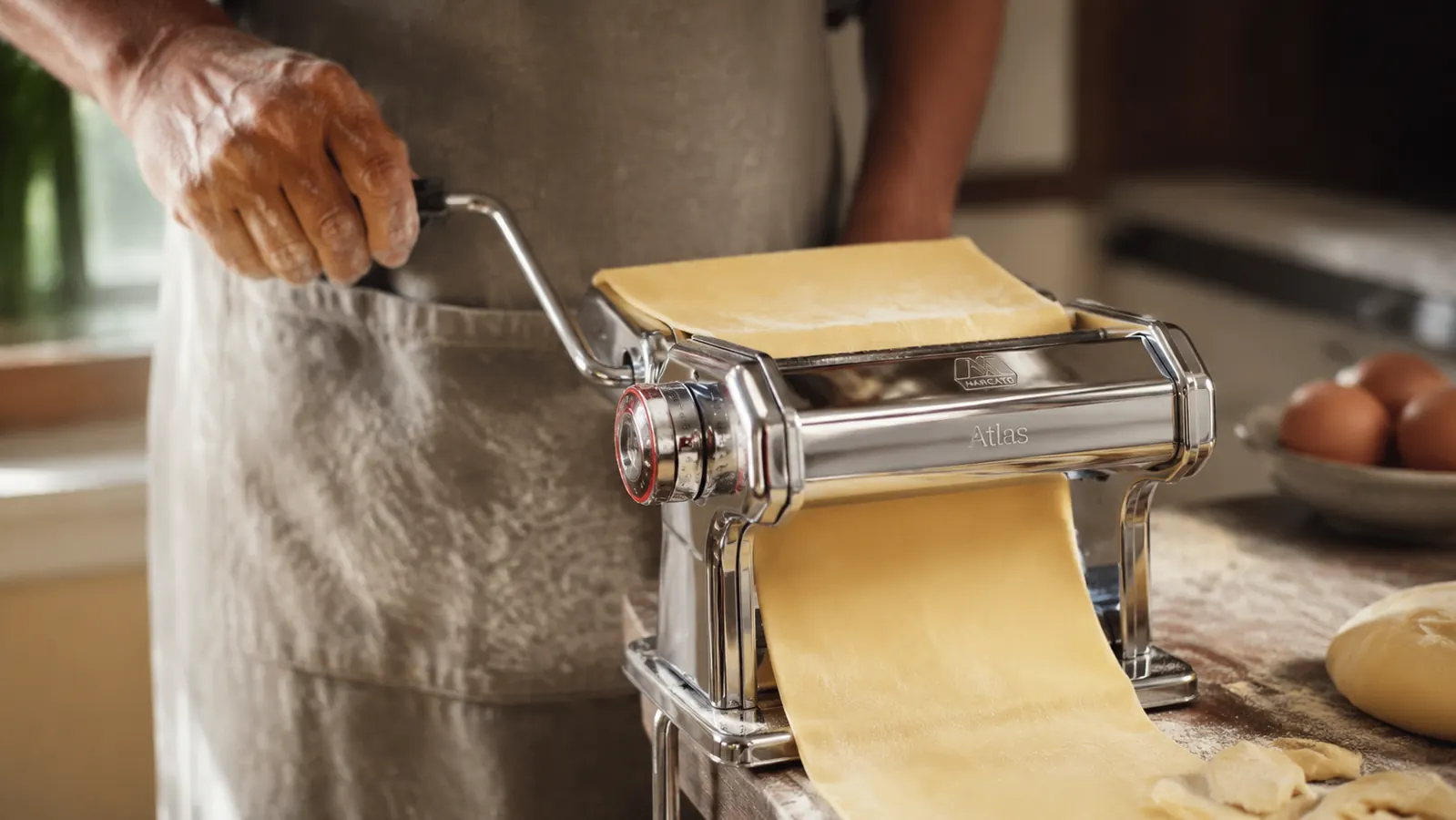 A hand cranking dough through the rollers of the Marcato Atlas pasta machine clamped to a counter