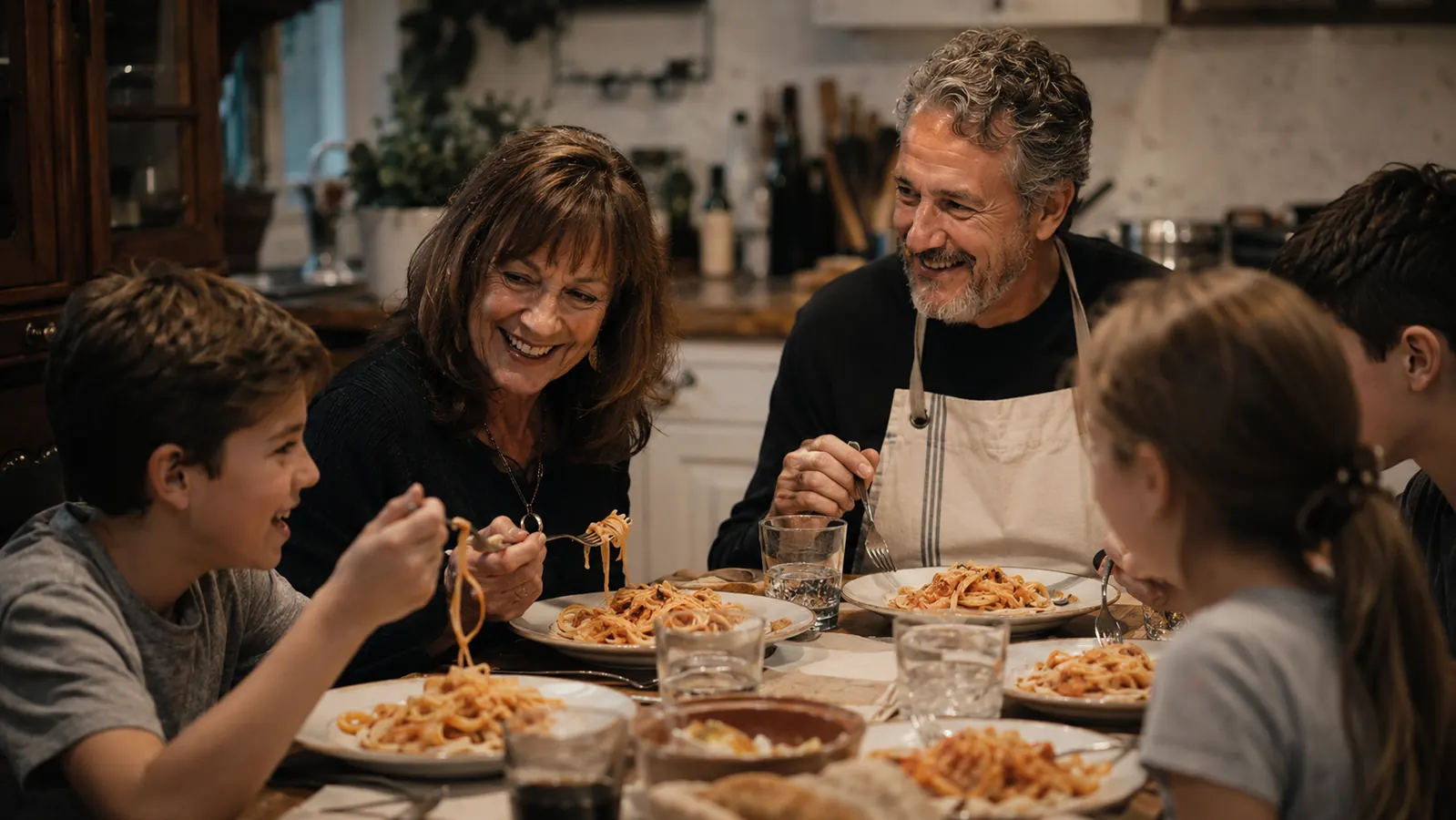 A family gathered around a dinner table eating a plate of fresh fettuccine with sauce
