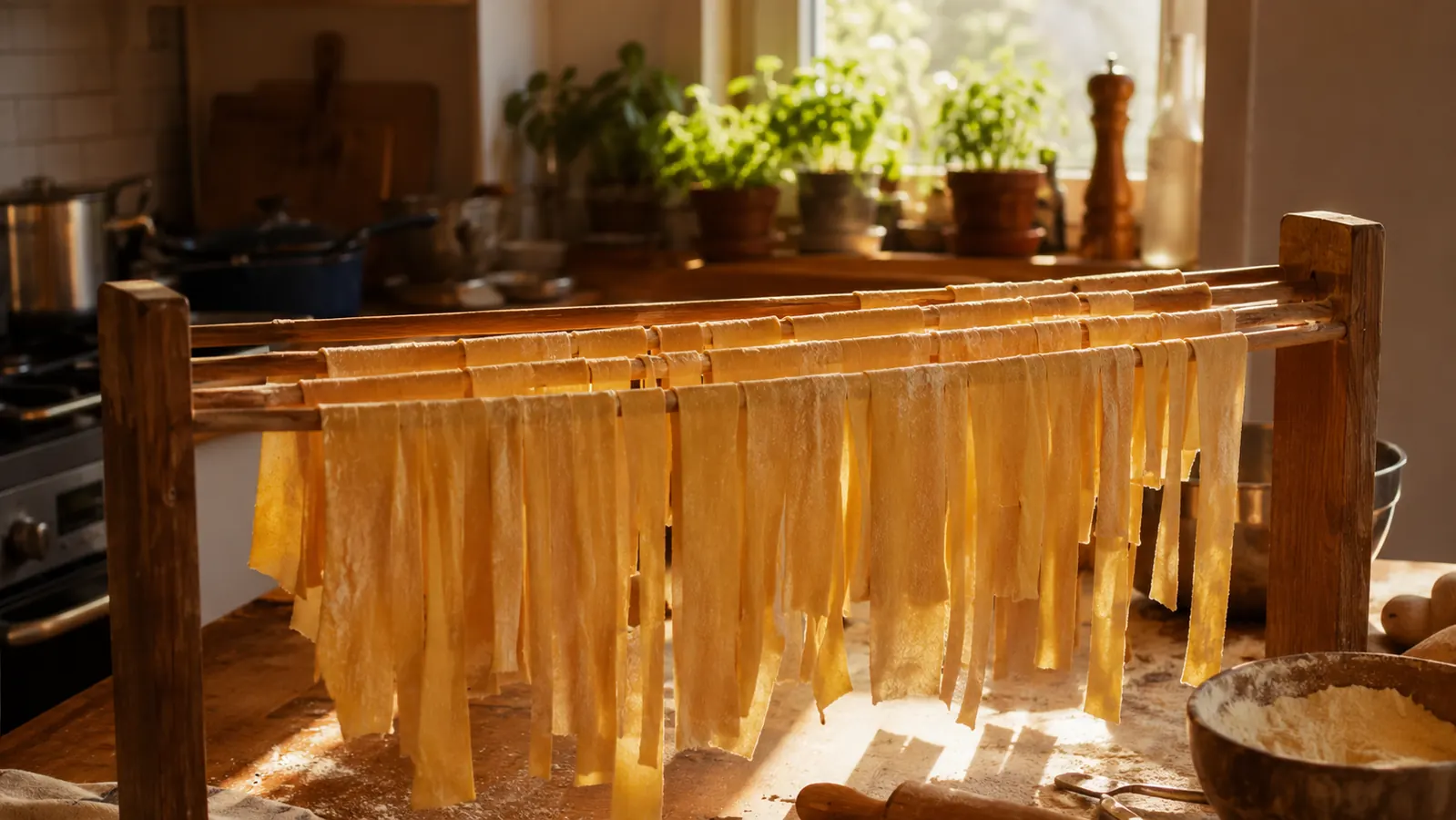 Sheet of fresh pasta dough draped over a wooden drying rack in a warm home kitchen
