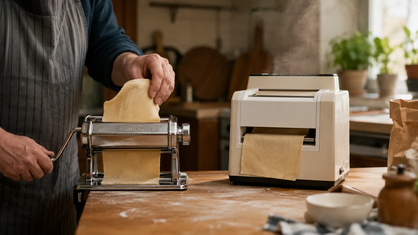 Marcato Atlas Pasta Machine clamped to a kitchen counter next to a bulky electric pasta maker, both mid-use with pasta dough