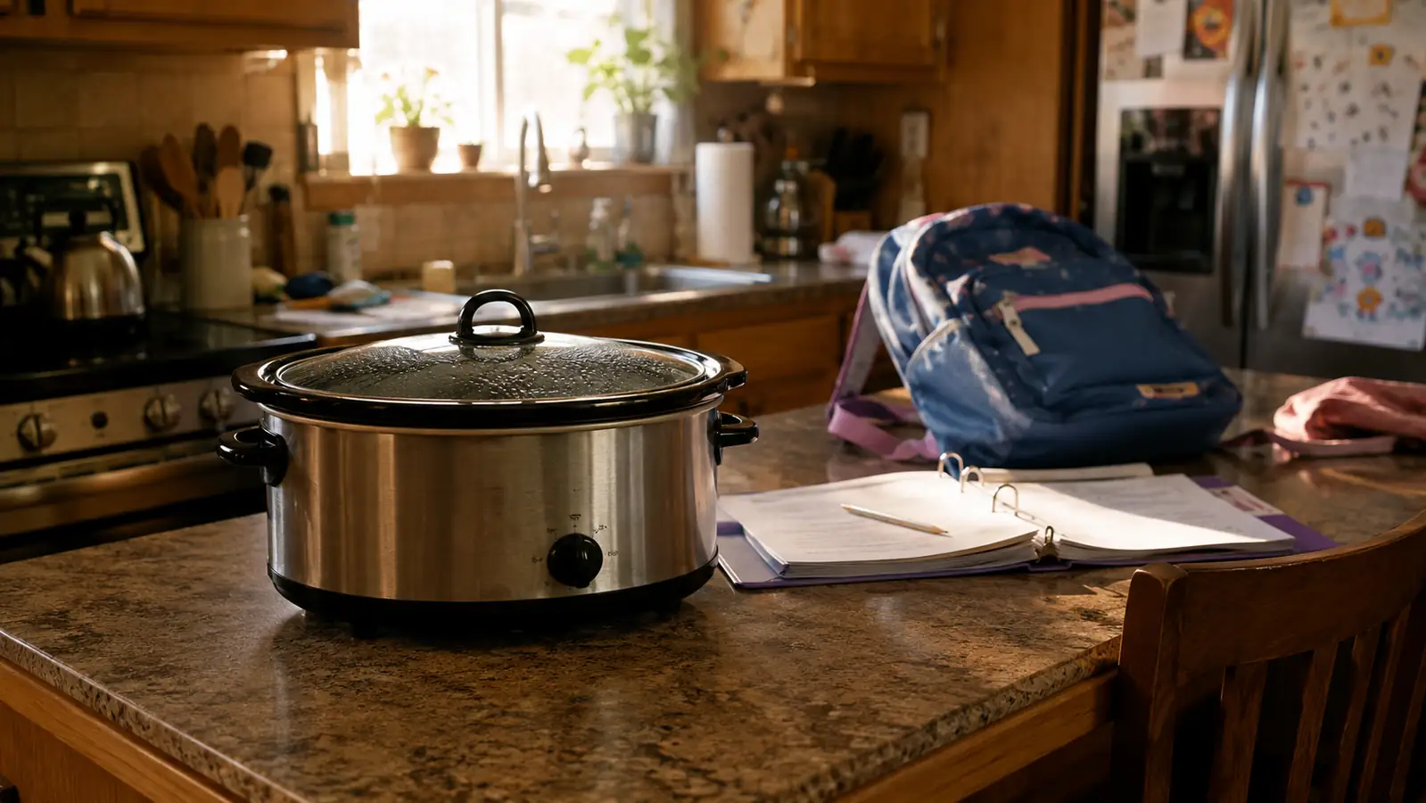 A stainless steel slow cooker on a kitchen counter with a backpack and homework nearby, late afternoon light