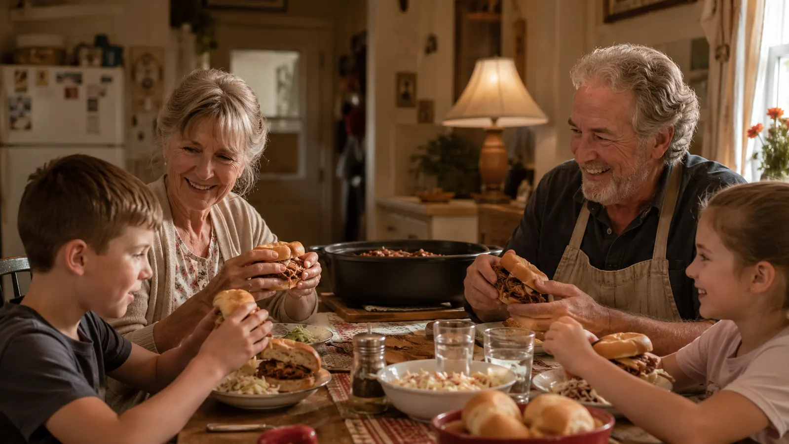 Family dinner table with a pulled pork meal served straight from the Crock-Pot stoneware insert