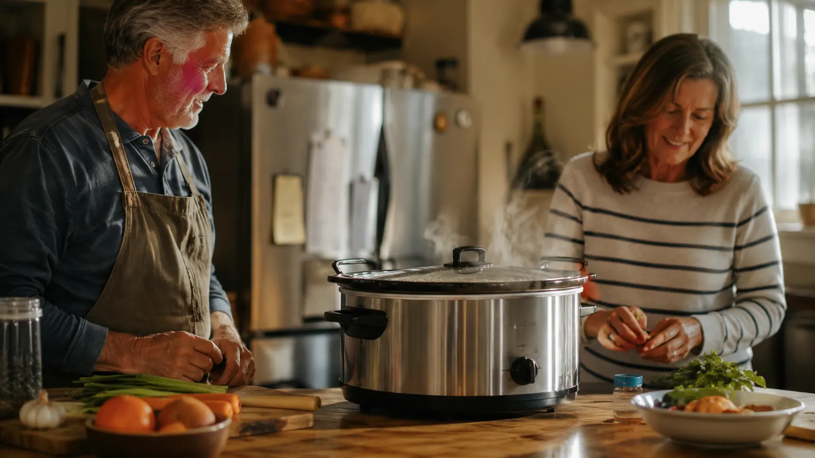 Stainless steel Crock-Pot 7-Quart Manual Slow Cooker sitting on a kitchen counter with steam rising from under the lid