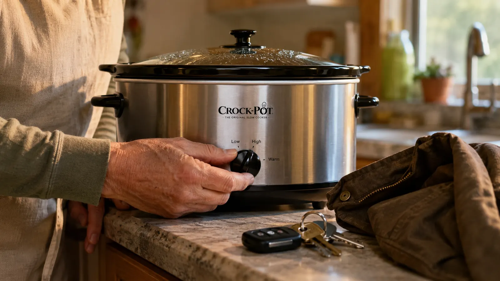 A hand setting the manual dial on the Crock-Pot 7-Quart Slow Cooker to the low setting before leaving for work