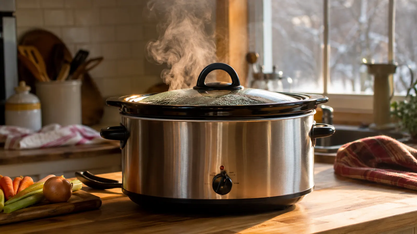 A stainless steel slow cooker sitting on a kitchen counter with steam rising, warm evening light through the window