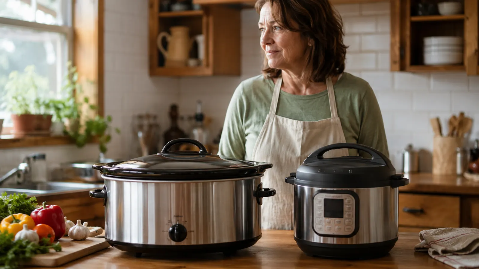 A Crock-Pot 7-Quart Manual Slow Cooker and a compact Instant Pot sitting side by side on a warm kitchen counter