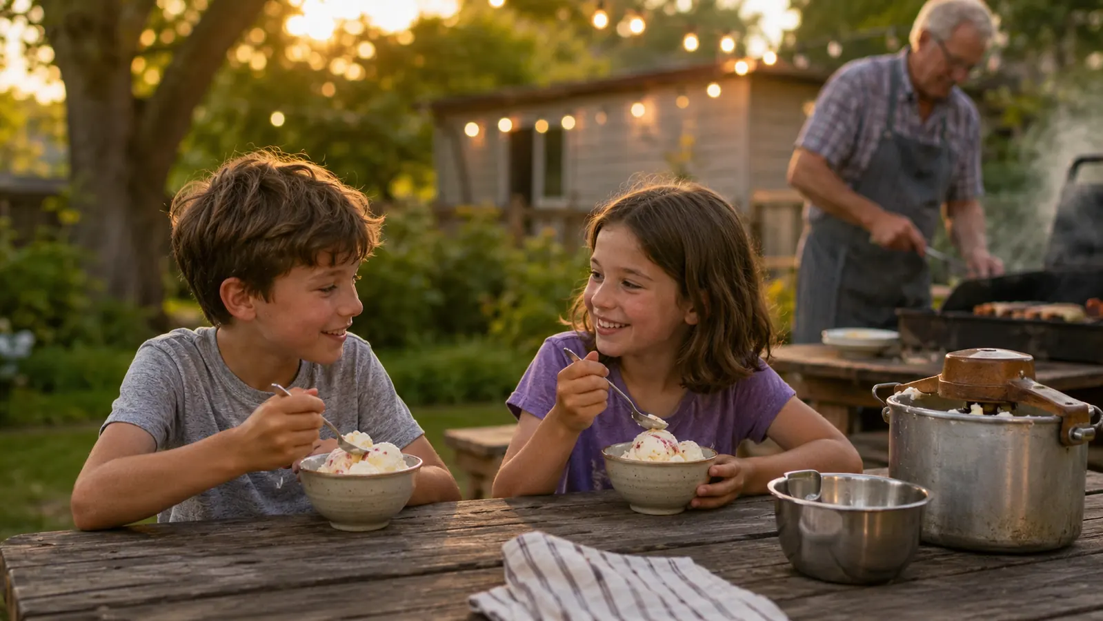Two grandkids eating fresh homemade ice cream at a backyard picnic table on a summer evening