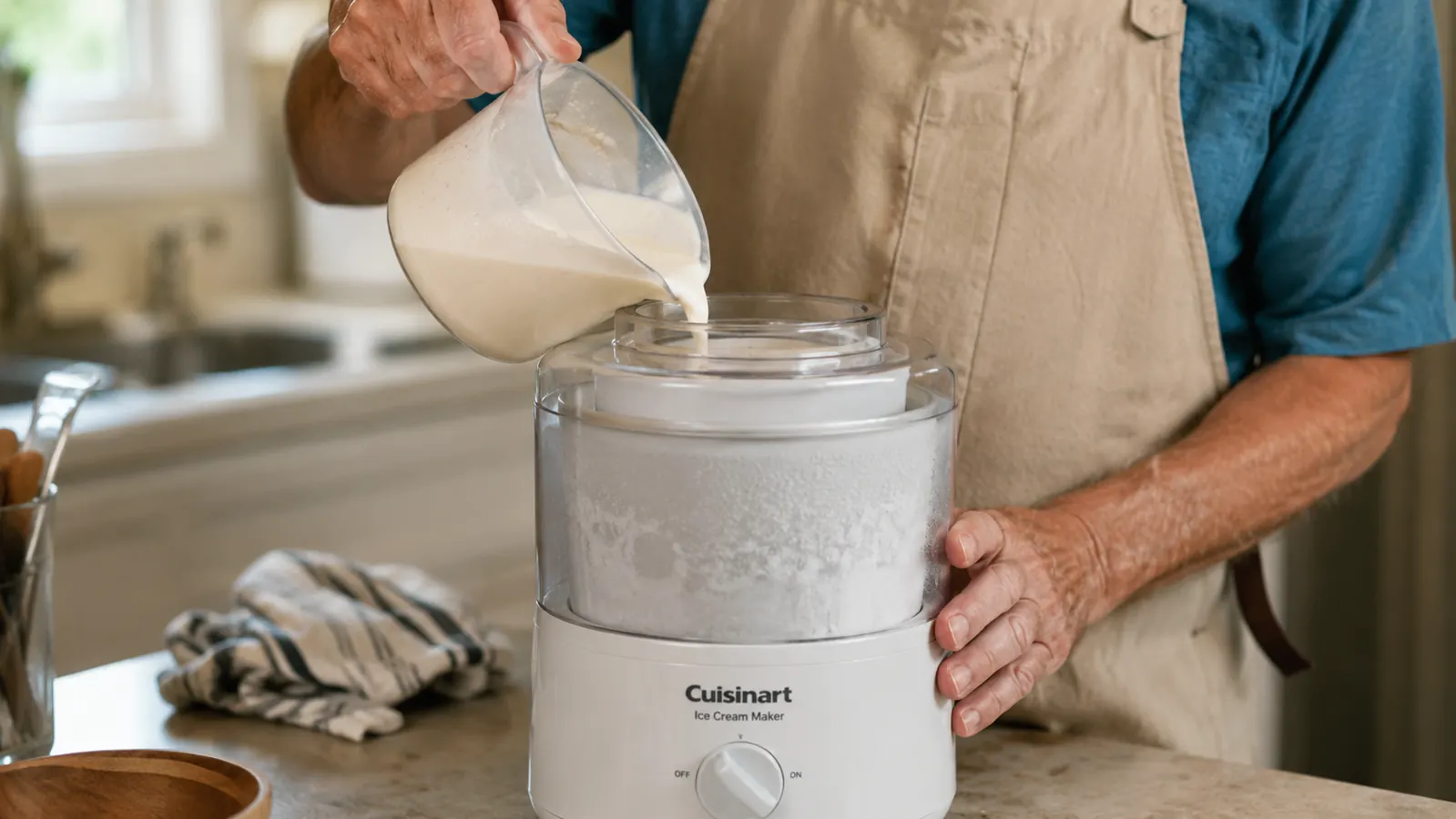 Hand pouring cream mixture into the spinning Cuisinart ice cream maker bowl through the top opening