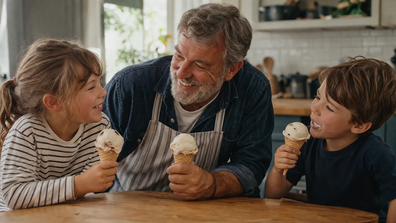 Grandfather and two grandchildren eating homemade ice cream cones together at a kitchen table