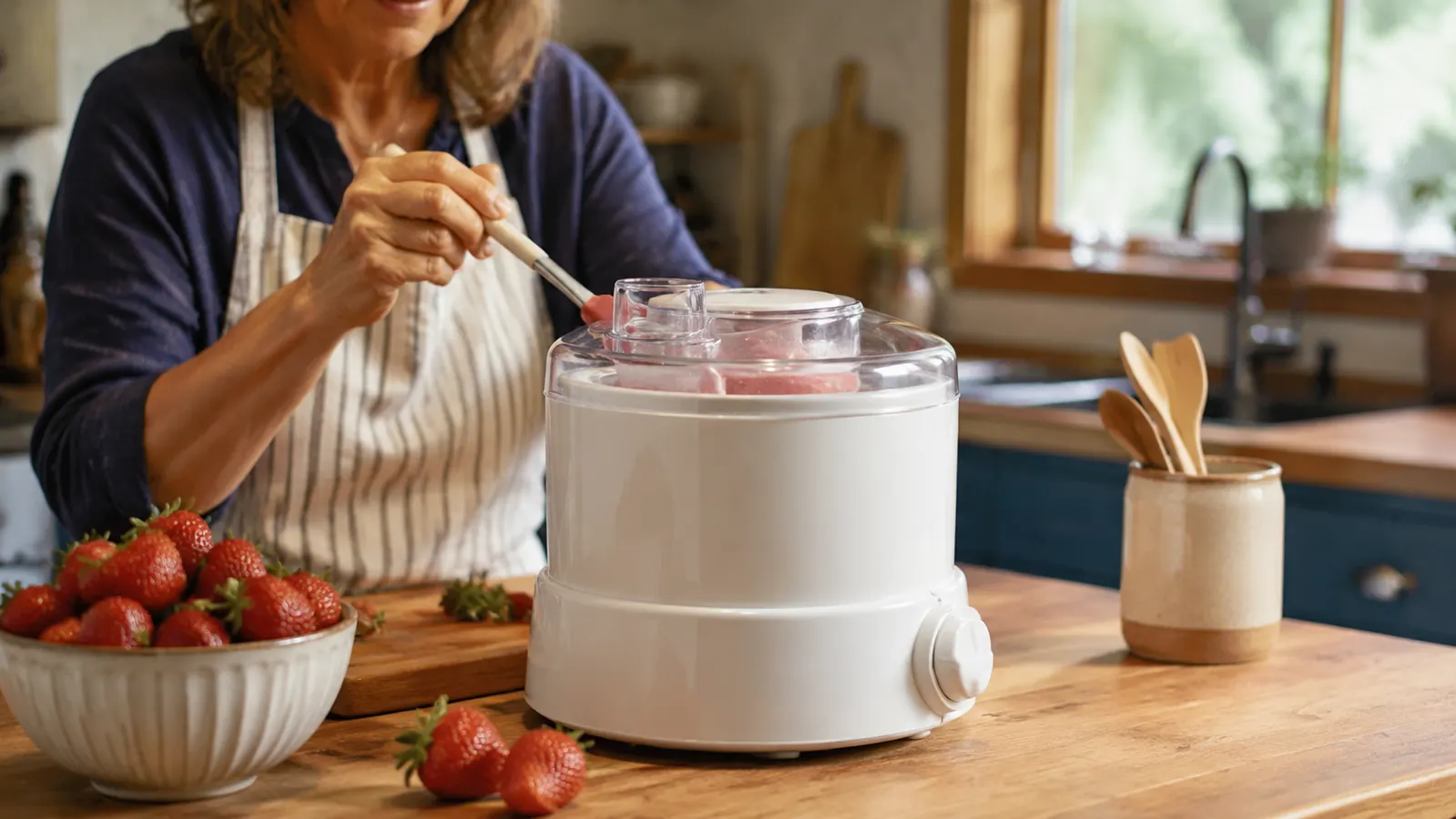 White Cuisinart ICE-21P1 ice cream maker churning on a kitchen counter with a bowl of fresh strawberries nearby