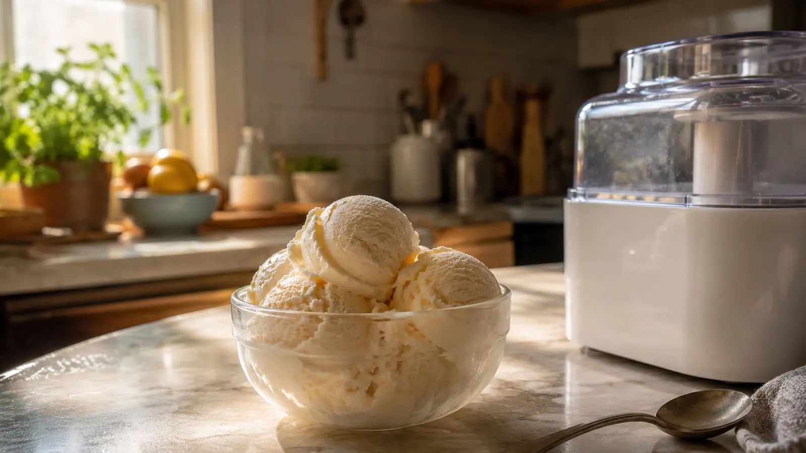 A bowl of freshly churned vanilla ice cream on a sunny kitchen counter with a Cuisinart ice cream maker in the background