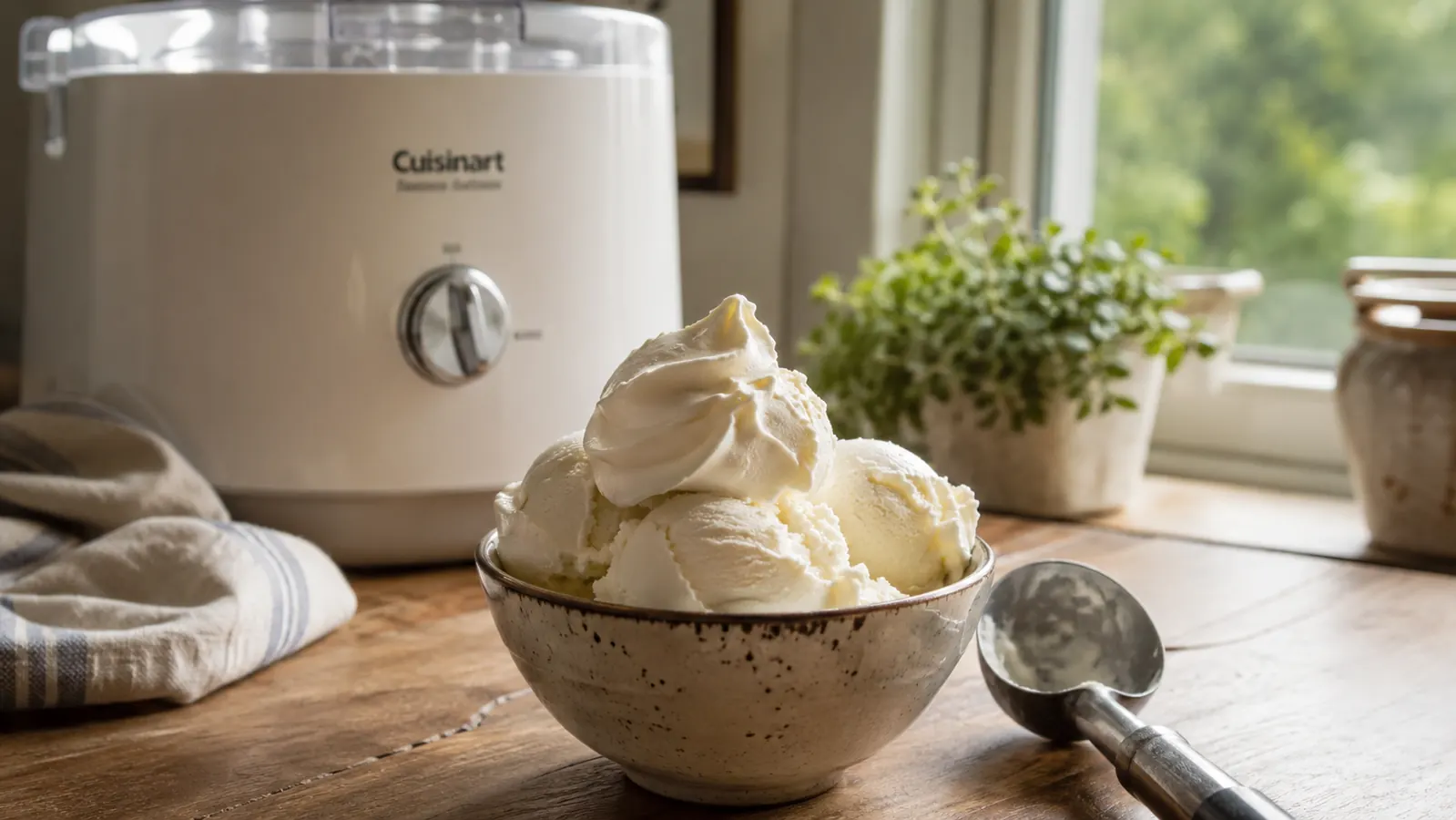 Bowl of fresh homemade vanilla ice cream with a scoop resting beside the Cuisinart ice cream maker