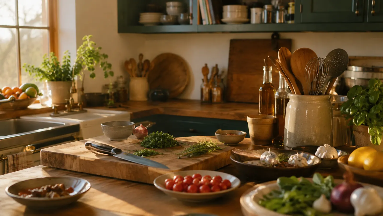 A warm home kitchen counter with well-used cooking tools arranged in morning light