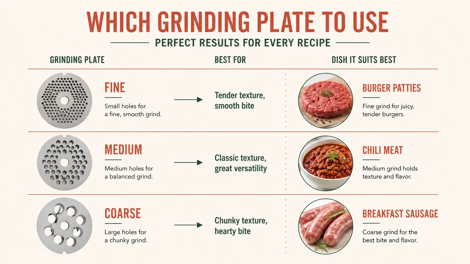 Chart showing which ALTRA LIFE grinding plate to use for burger, chili meat, and sausage