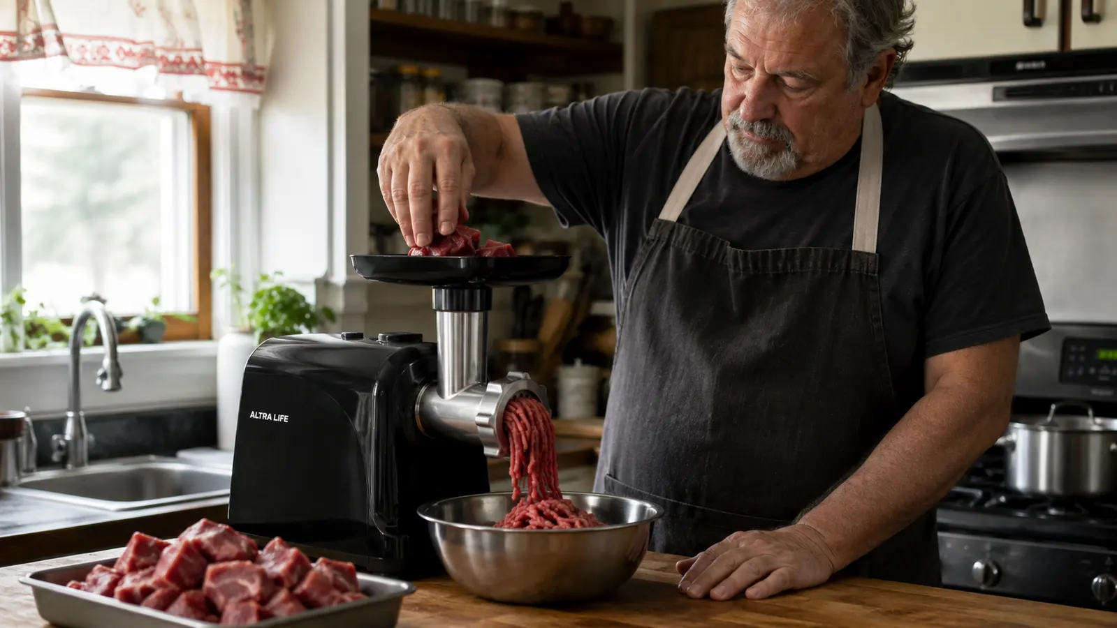 A man in a home kitchen feeding cubes of beef chuck into the hopper of a black electric meat grinder on a butcher block counter