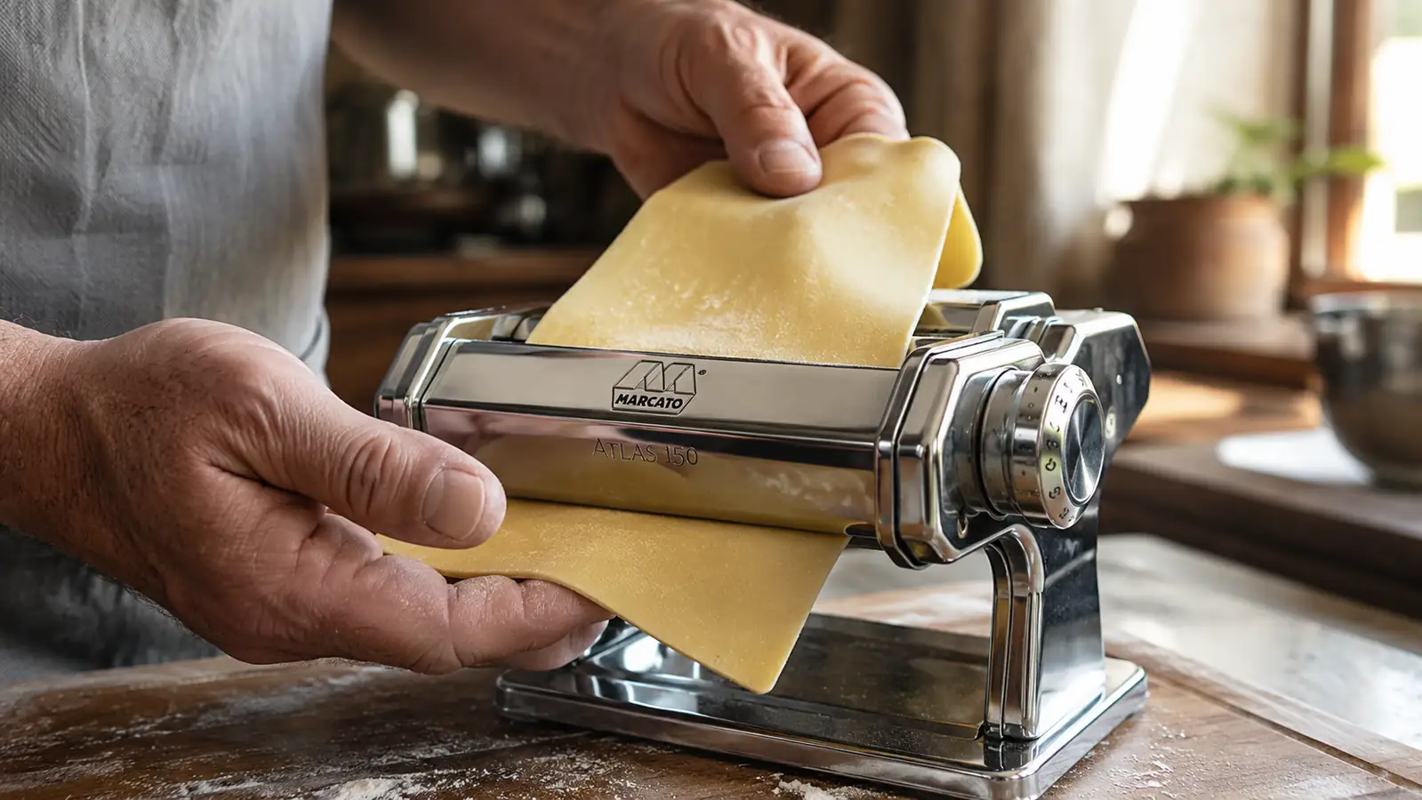 Close-up of hands feeding a sheet of pasta dough through the rollers of the Marcato Atlas pasta machine
