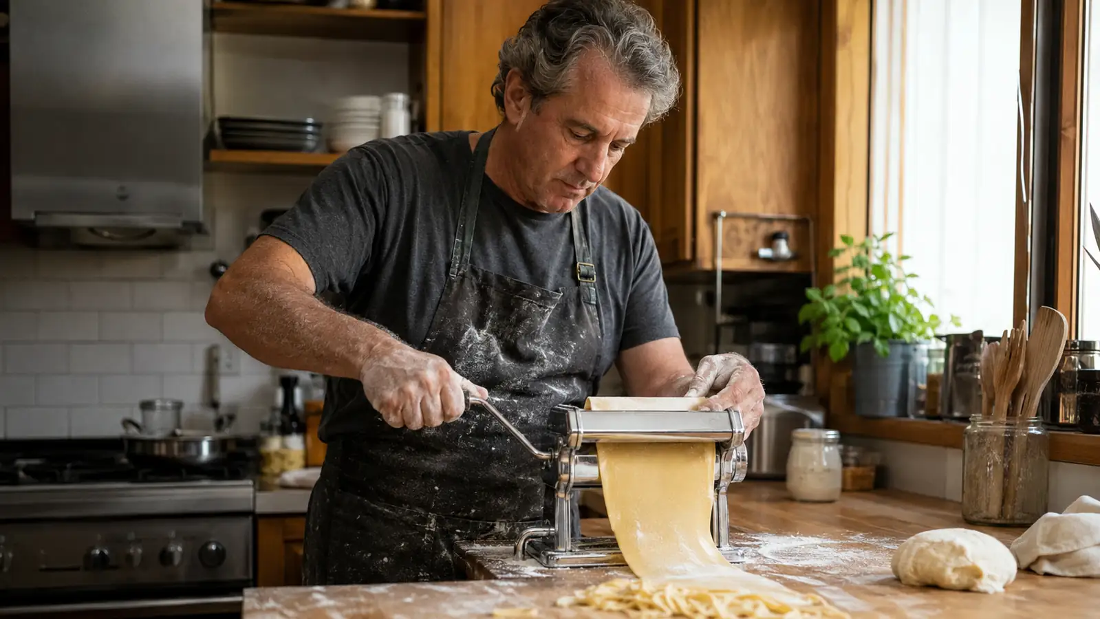 A man in a home kitchen cranking a Marcato Atlas pasta machine with a sheet of dough feeding through the rollers