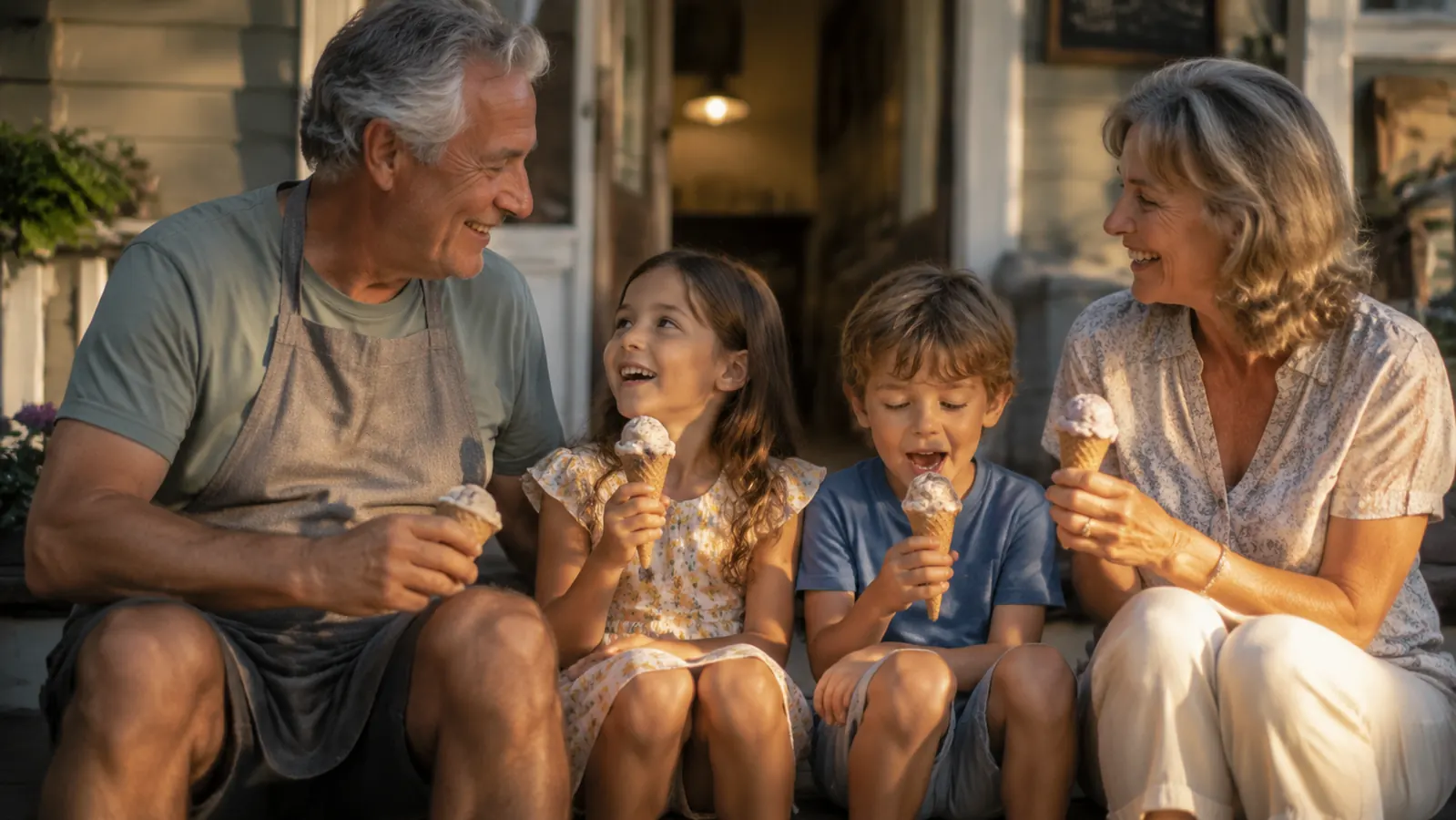 Family eating homemade ice cream cones on a summer porch