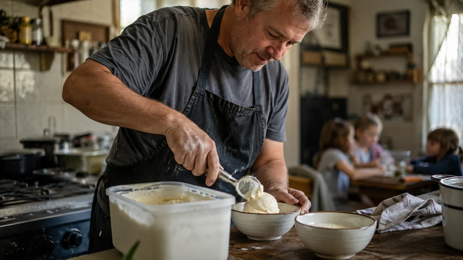 Retired line cook scooping fresh homemade vanilla ice cream into a bowl in a warm home kitchen