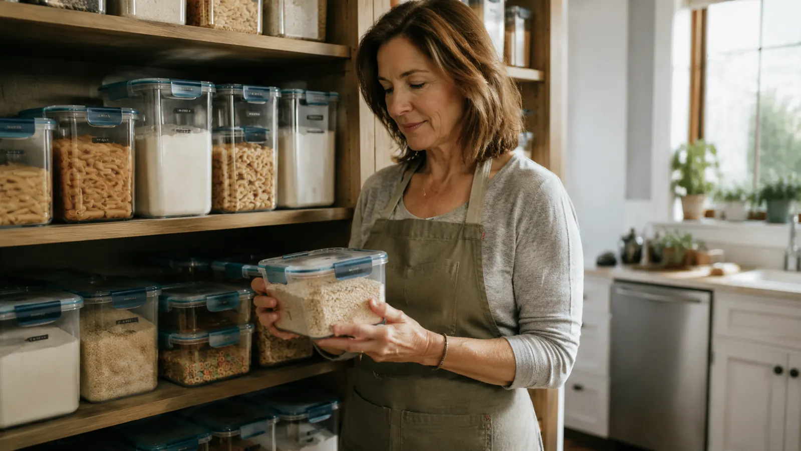Open pantry shelves lined with clear stackable food storage containers filled with pasta, rice, flour, and cereal