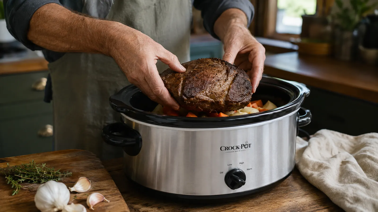 Hand placing a seared chuck roast on top of chopped vegetables inside the stoneware of a Crock-Pot 7-Quart Manual Slow Cooker