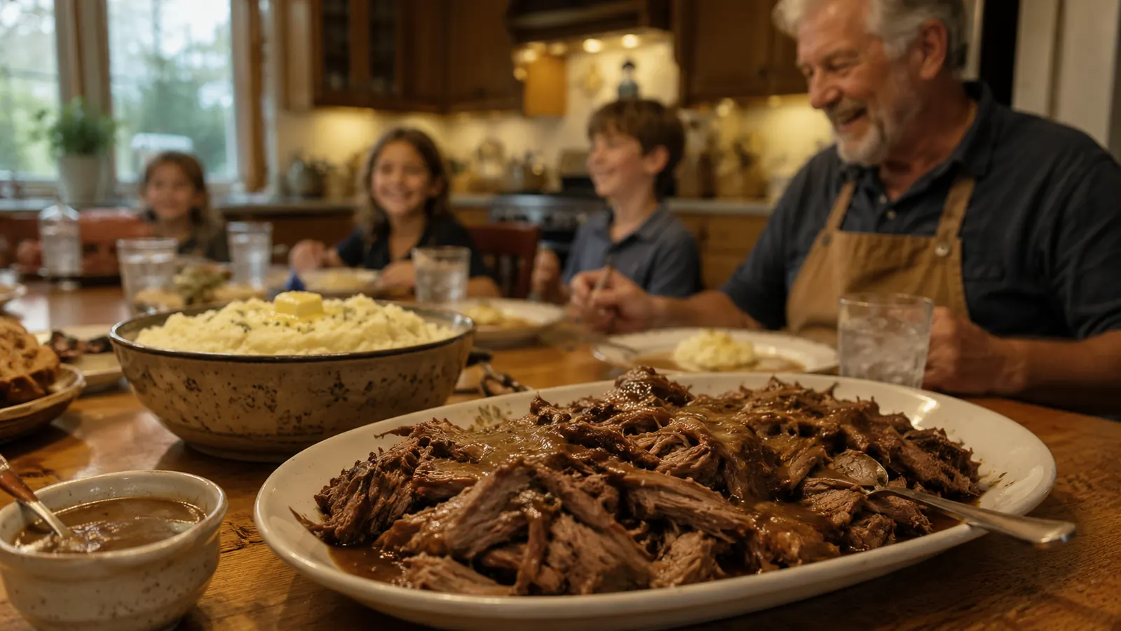 Family dinner table with a platter of shredded pot roast, mashed potatoes, and gravy