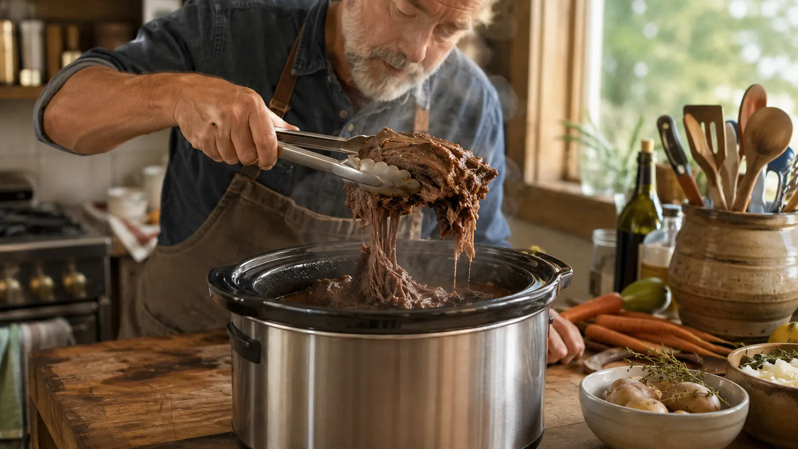 Steaming pot roast being lifted with tongs from a slow cooker in a home kitchen