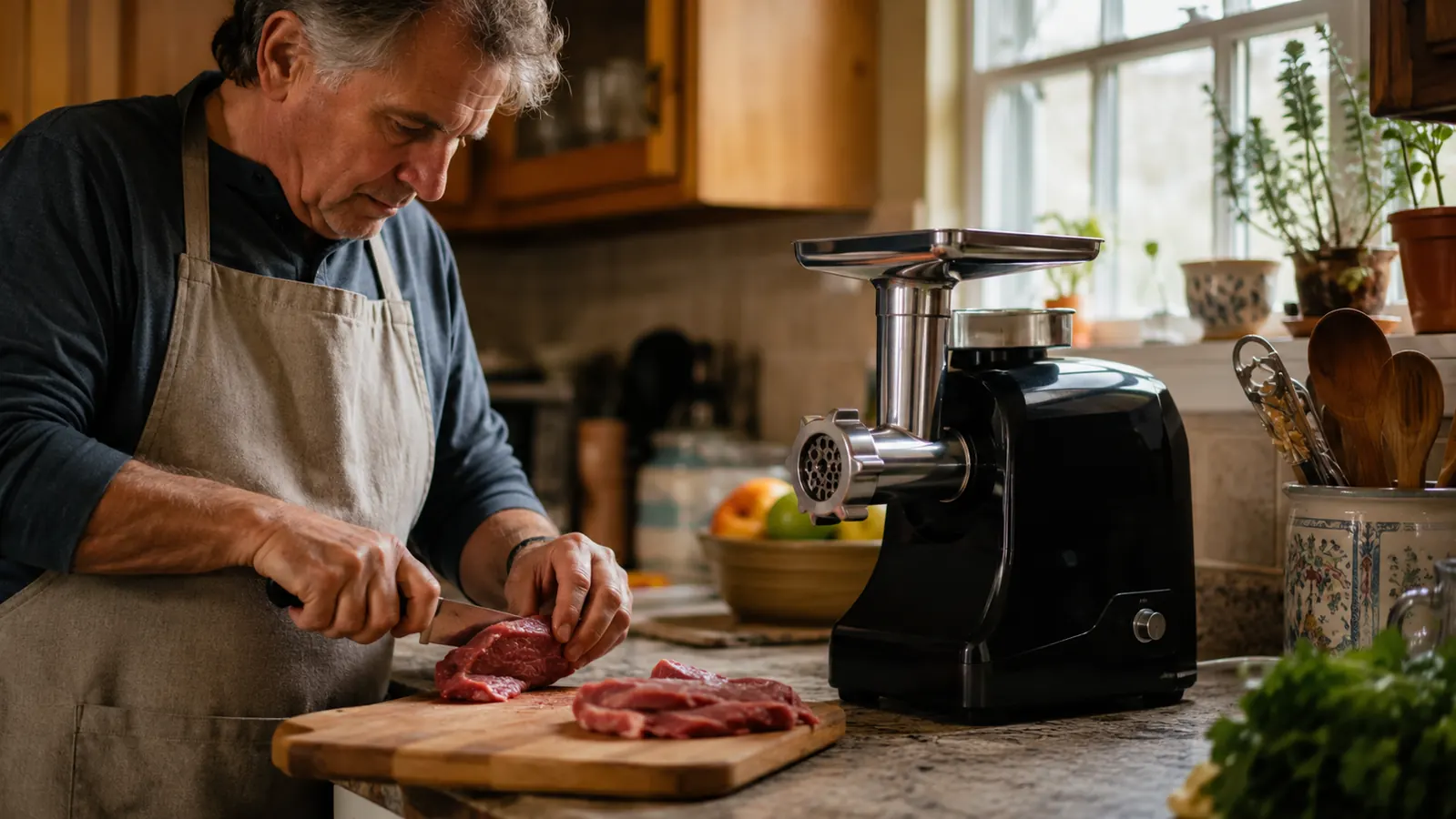 A black electric meat grinder sitting on a kitchen counter next to a cutting board with raw chuck roast strips