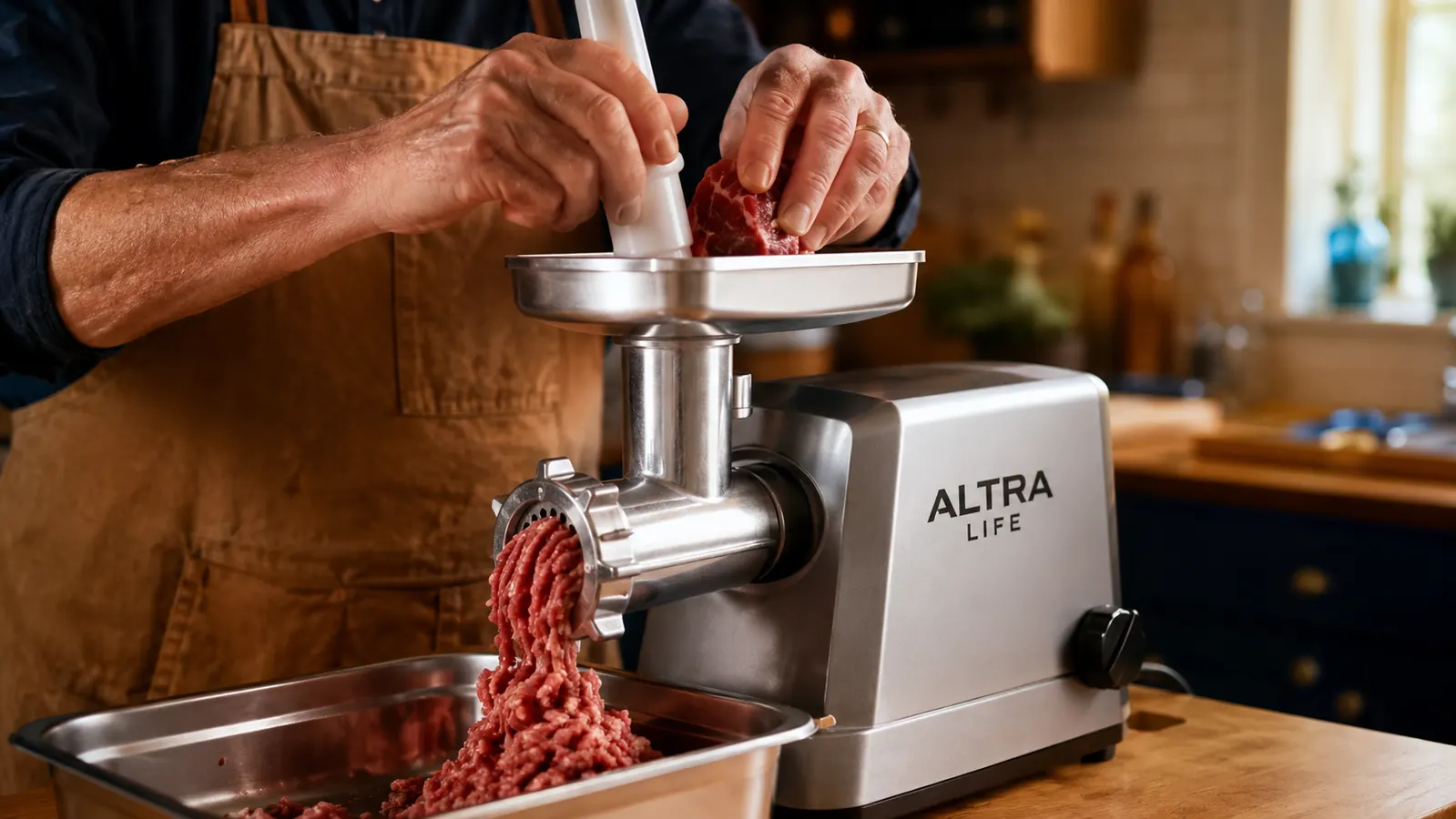 Hands feeding a chunk of chuck roast into the ALTRA LIFE grinder's feed tube