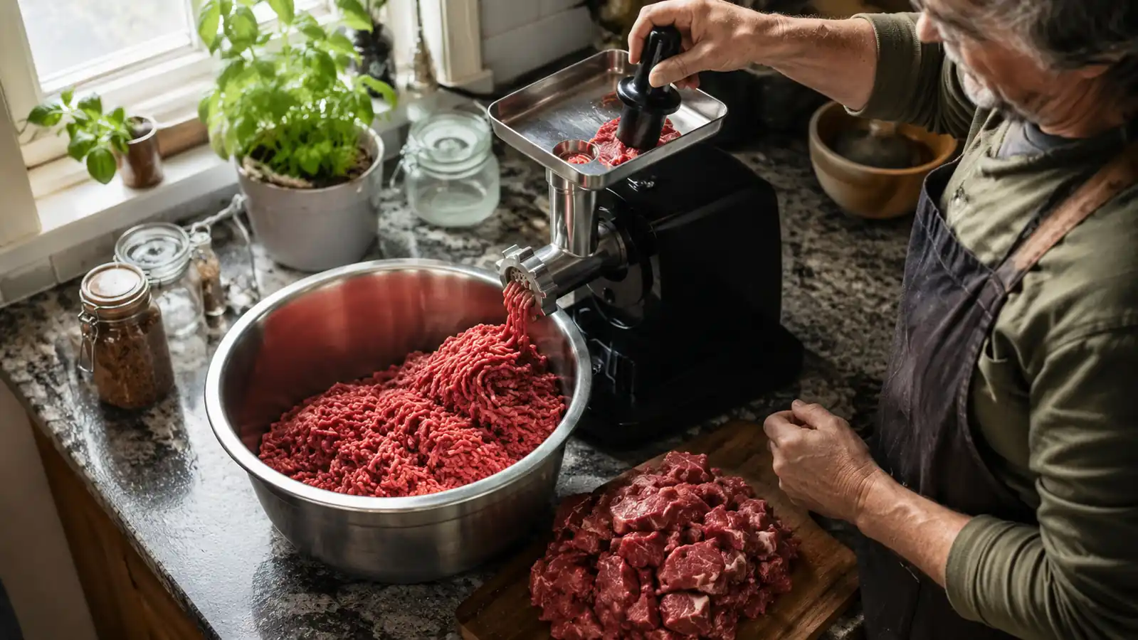 Ground chuck roast piled next to the ALTRA LIFE electric meat grinder on a kitchen counter