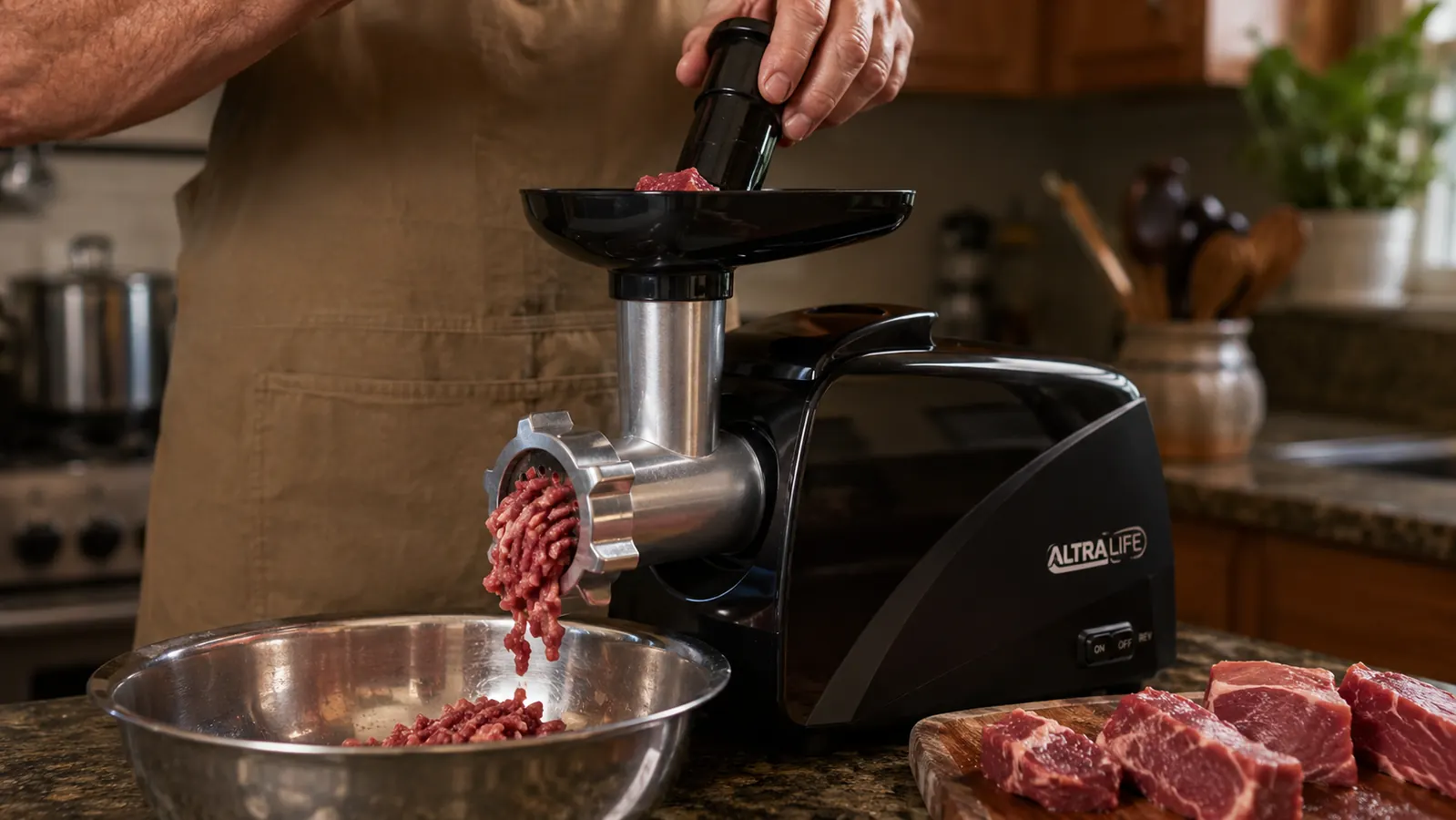 A hand feeding a cube of chuck roast into the hopper of the ALTRA LIFE electric meat grinder while ground meat comes out the front