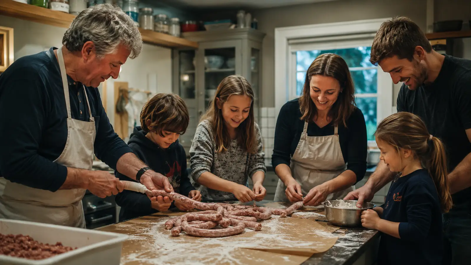 A family gathered around a kitchen island making sausage links together