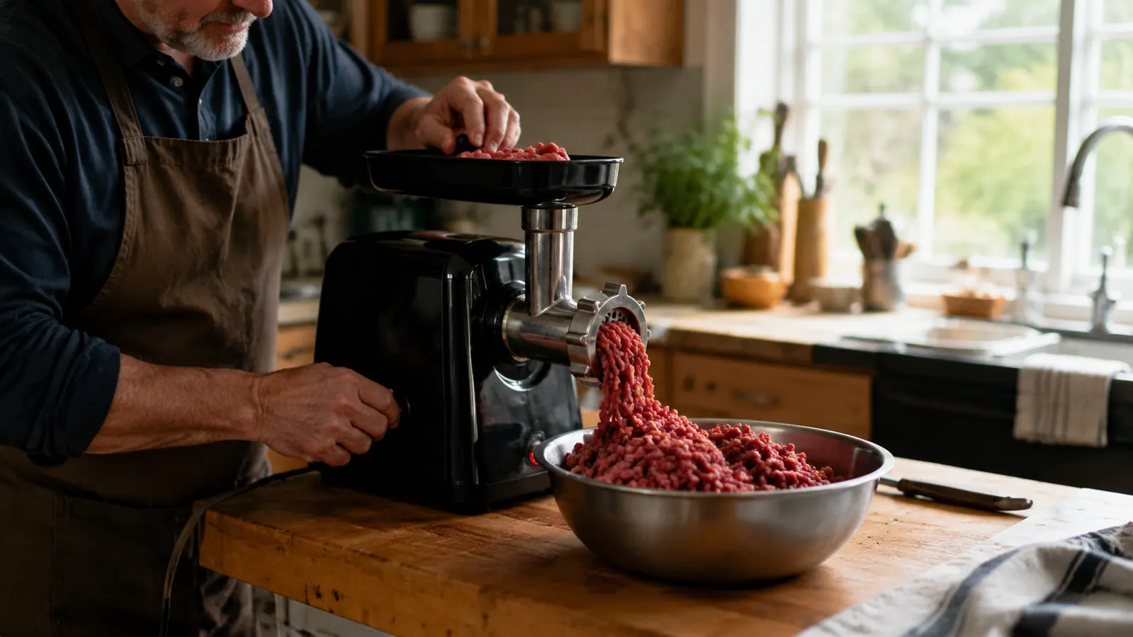 A black electric meat grinder sitting on a butcher block kitchen counter with a bowl of freshly ground beef beside it