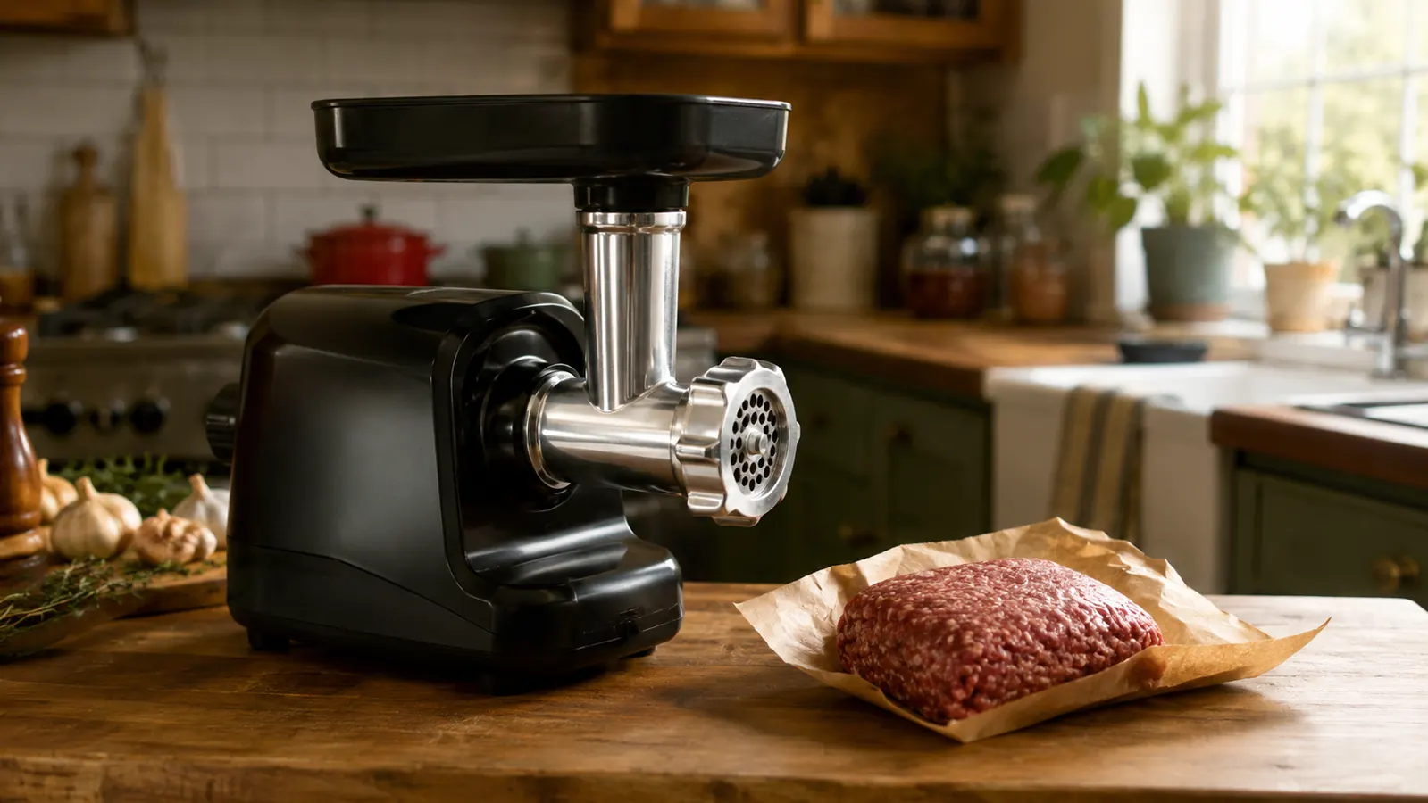 The ALTRA LIFE 2300W Electric Meat Grinder sitting on a kitchen counter next to a butcher paper package of ground beef