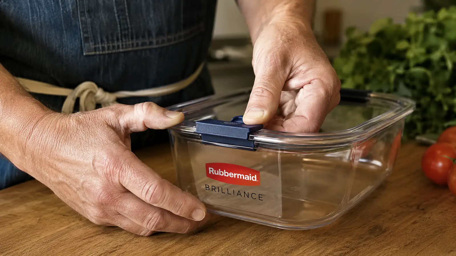 A hand testing the latch on a Rubbermaid Brilliance container lid, checking the corner where a latch previously broke
