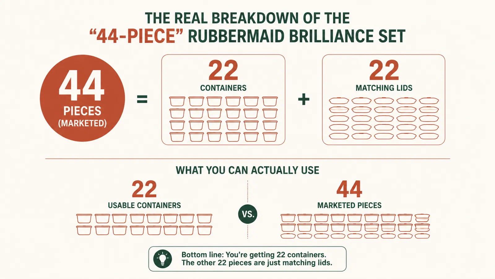 Chart showing the true usable container count versus the marketed 44-piece number for the Rubbermaid Brilliance set