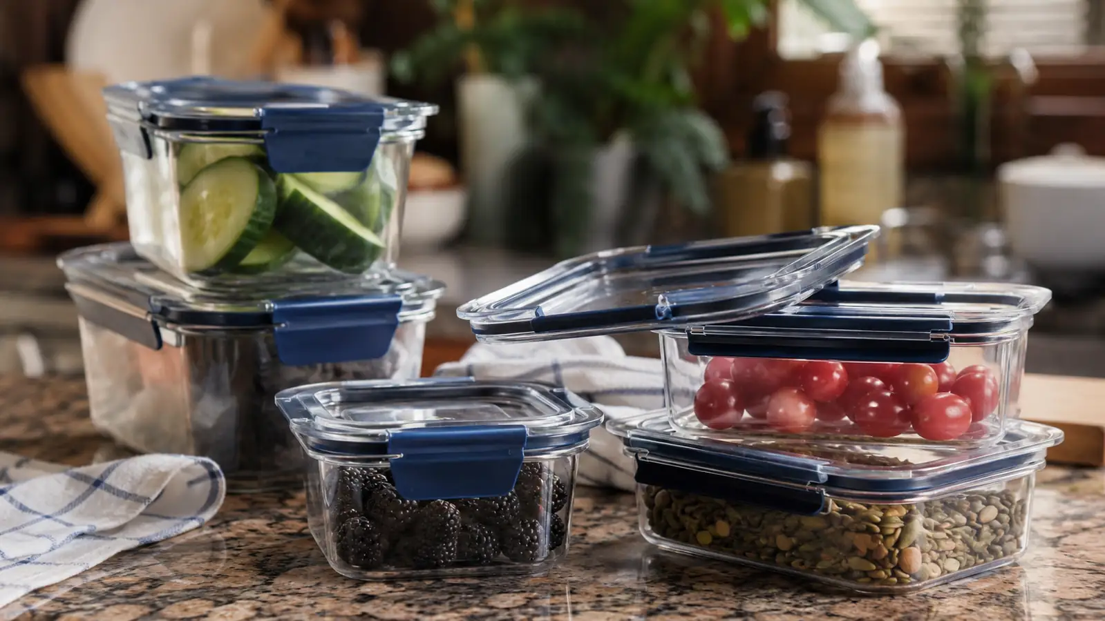 Close-up of clear food storage containers with blue latching lids stacked unevenly on a kitchen counter, some showing light wear