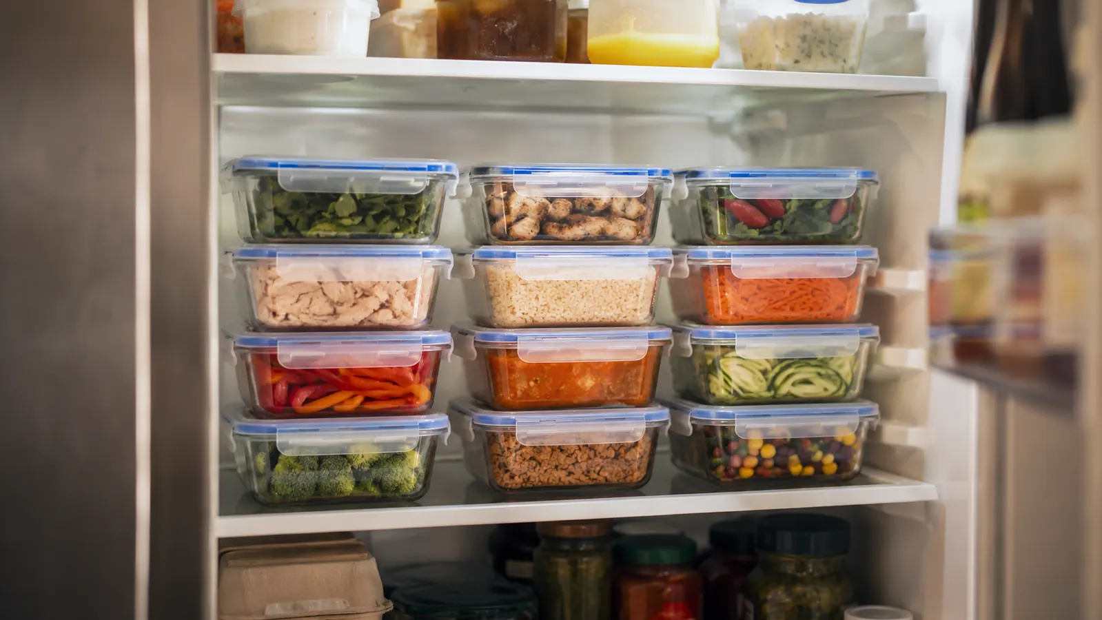 An open refrigerator shelf with clear stacked food containers neatly organized