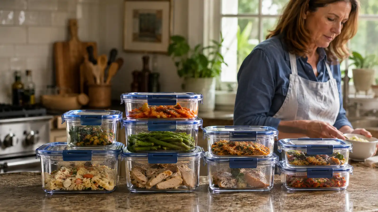 Clear stackable food storage containers with blue lids lined up neatly on a kitchen counter with morning light