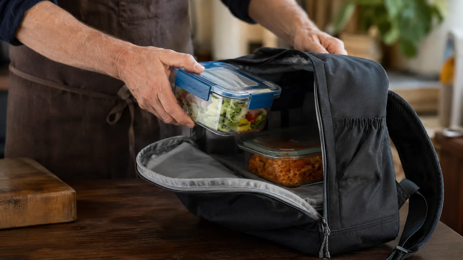A hand carrying a Rubbermaid Brilliance container packed in a backpack next to a bulkier glass container