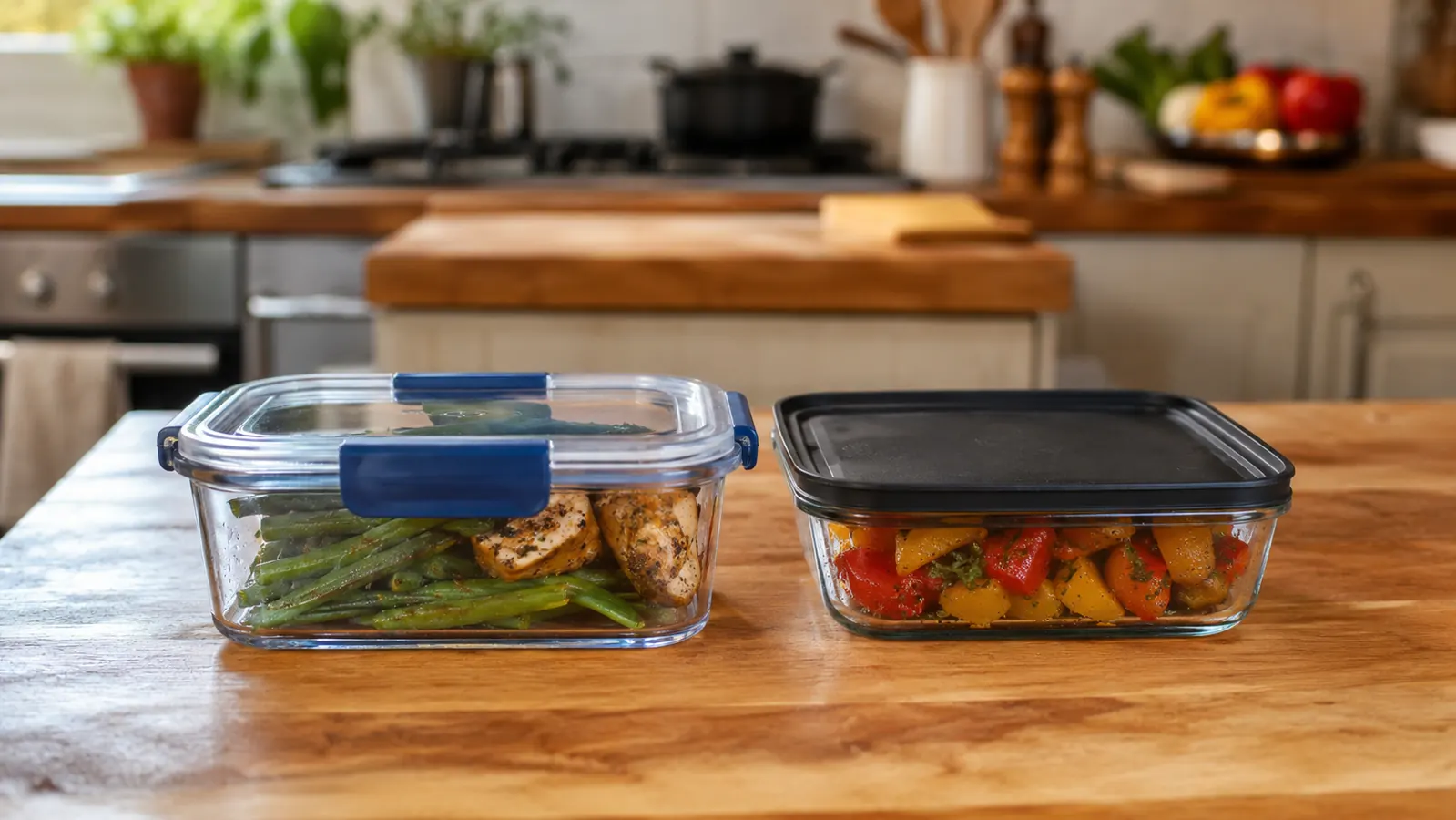 A Rubbermaid Brilliance clear plastic container with blue latching lid sitting next to a glass storage container on a kitchen counter